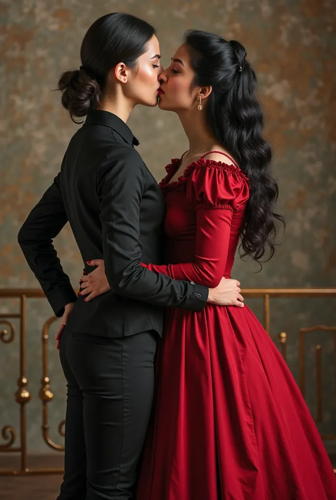 Create an image of two women, one of them holding their waist at the back dressed in a Victorian suit of pants and a black shirt and the other girl giving a kiss dressed in a red Victorian dress with loose wavy black hair