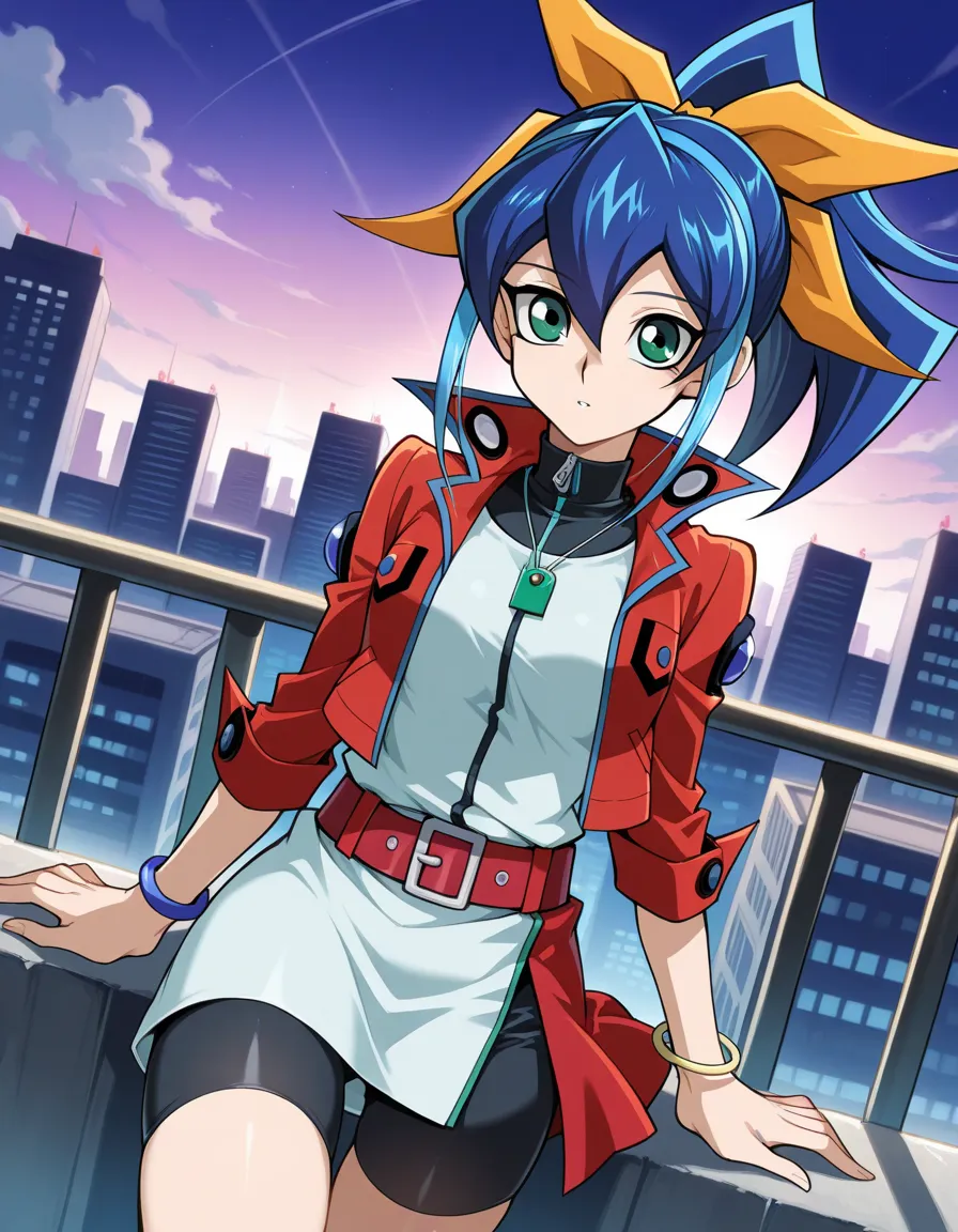 score_9, score_8_up, score_7_up, source_anime, serena (/yu-gi-oh!/), serena, yugioh , blue hair, multicolored hair, ponytail, two-tone hair, green eyes, hair bow, ribbon, belt, bike shorts, bow, bracelet, jacket, jewelry, outdoors, cityscape, looking at vi...