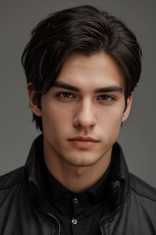 In the photo, a young man with sharp and attractive features is visible. It has fair skin, a face with a symmetrical structure with a defined and prominent jaw. His eyes are slightly tilted upwards, giving a vague impression with a focused gaze. His eyebro...