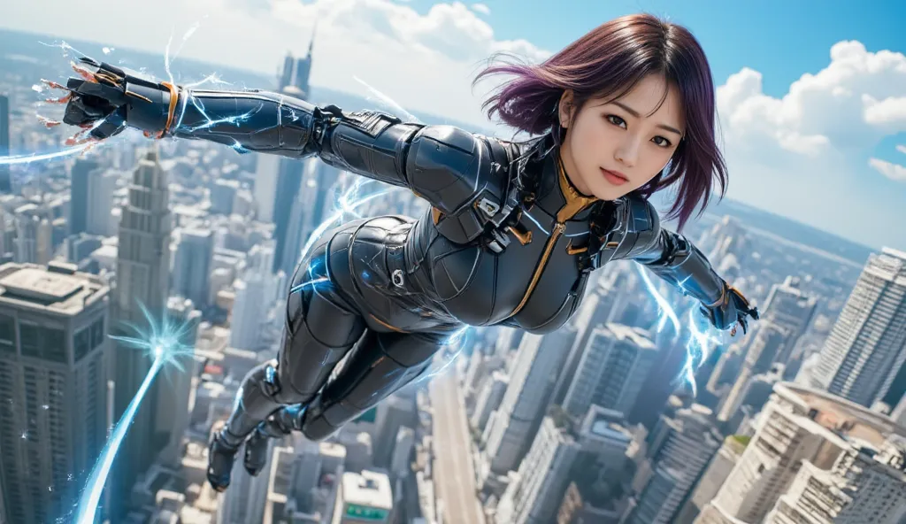 A beautiful Korean girl with short purple black bob is flying like superman against the backdrop of a bustling city in a gundam outfit fighting with enemies in the air 