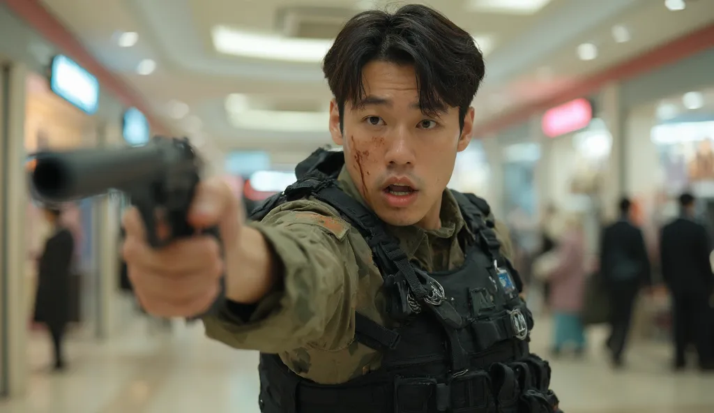 a Korean military man carrying a gun, and as if pointing his gun forward, his face and military clothes have blood stains, he looks angry his mouth is open and seems to be shouting forward as if staring at someone in front of him, wearing a bulletproof ves...