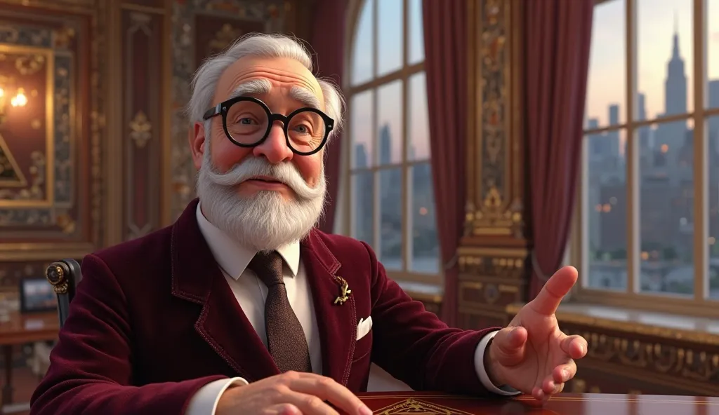 A highly detailed CGI Pixar-style of a distinguished 90-year-old Jewish money expert exuding wealth and wisdom, taking a selfie. His face is rendered in exquisite 3d pixar detail, showcasing deep, character-defining lines, kind and wise eyes framed by clas...