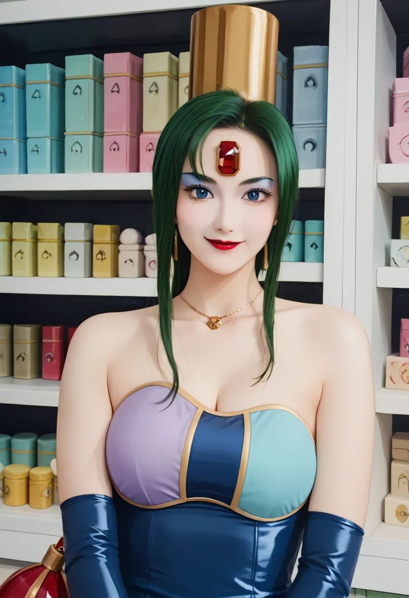 score_9,score_8_up  ,score_7_up  ,very beautiful lady,    Masterpiece,    Hi-Res,   raw photo, , realistic photo ,anime style,1 girl, , slim ,heavy makeup ,   green hair,  white skin , Red gem on forehead, ,  red lipstick,   eyeshadow , very huge breasts, ...