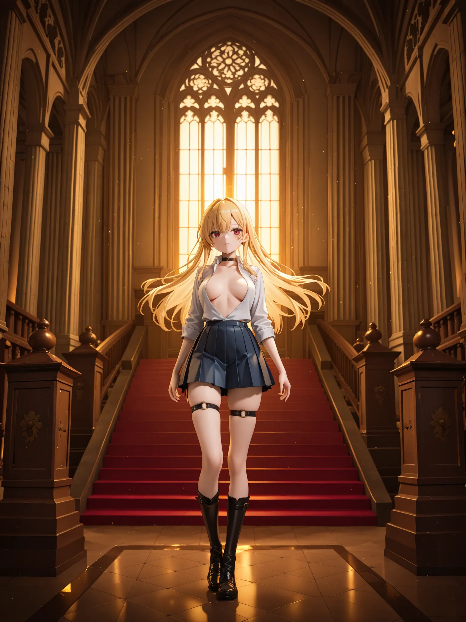 1girl, blond hair, red eyes, (pleated skirt, temple room,) chest exposed, leg straps, sunset