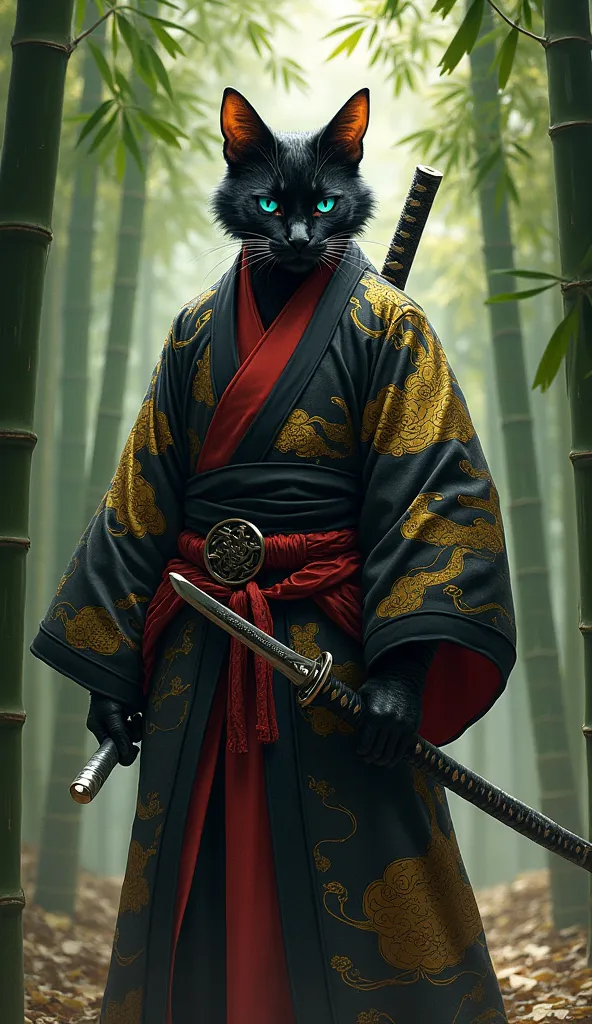 create a full body, black tabaxi samurai wearing a black kimono with golden clouds and red details with a Katana. with one blue eye and one green eye, in a bamboo forest