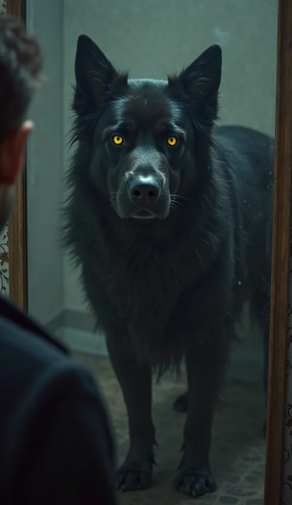 A person paralyzed with fear before Ragnar, the black dog with bright yellow eyes. His reflection in the mirror begins to slowly disappear, as if being erased from existence, while Ragnar keeps his gaze fixed, emanating a dark and mesmerizing aura.

