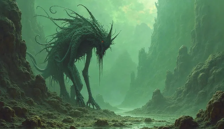 strange creature on a planet with a green atmosphere