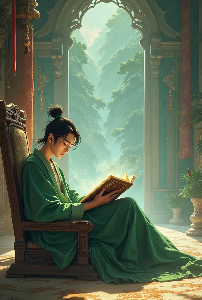 A handsome boy who was wearing a long green rode reading a book and laying the long chair in the Heavenly mysteries Hall with the aura of heavenly dao animation daunghwa photo