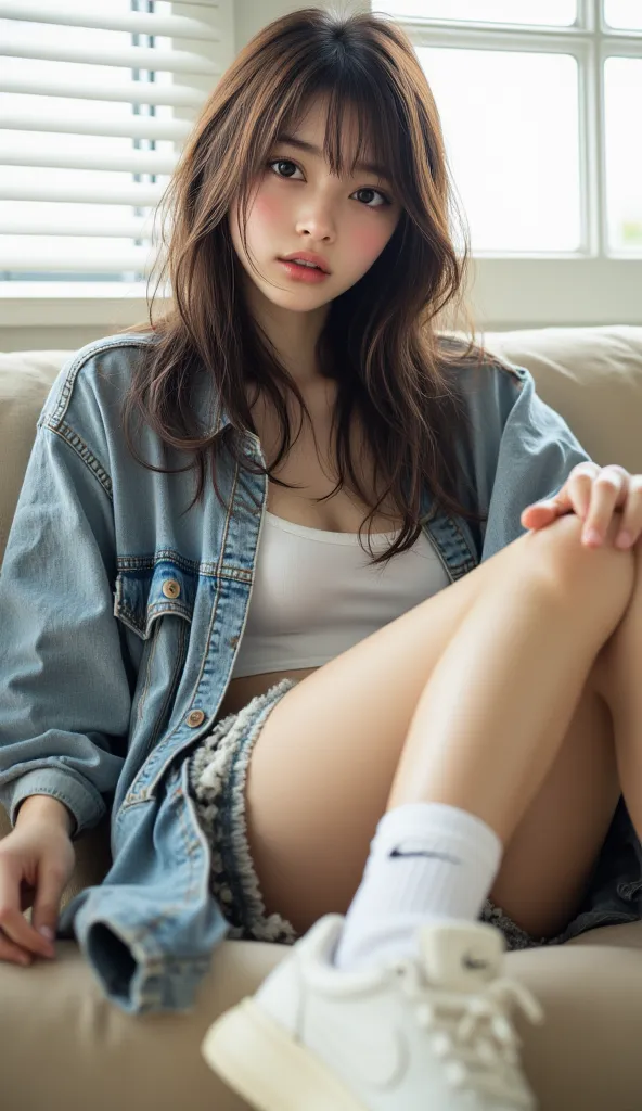  8,000,  masterpiece,  of the highest quality,  Korean beauty,  low angle,  close up, Long brown hair, Middle part, white vest, Denim jacket, Unravel,  There is a light yellow stain on the bottom of the white socks , Nike logo, Thick soled sneakers , off w...