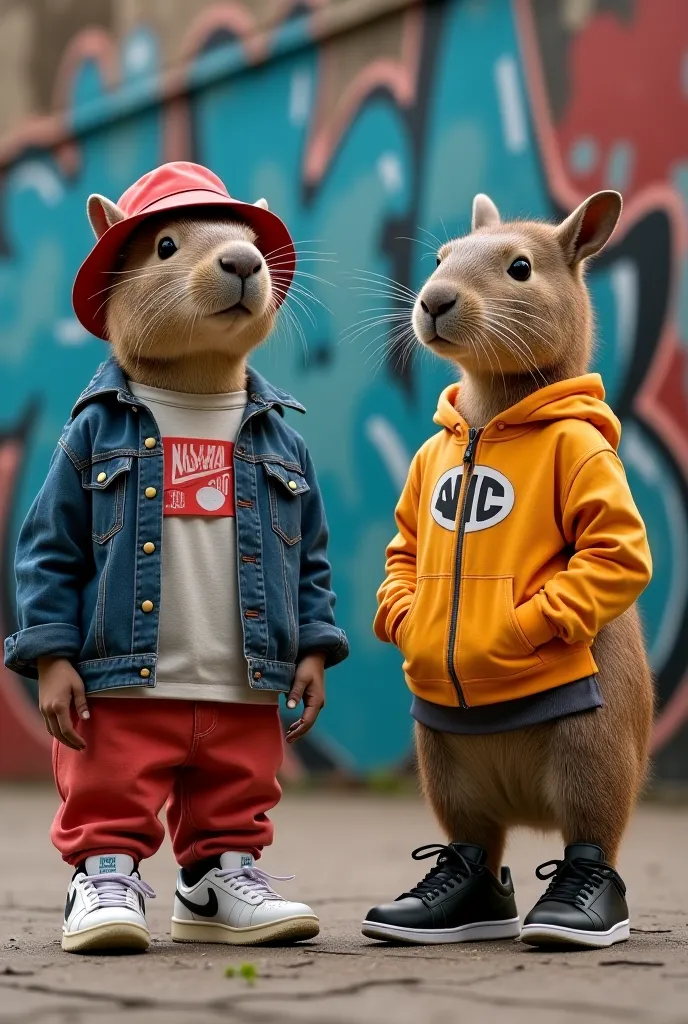 **"A hyper realistic image of two capybaras, on the left a capybara standing with a clothes and hat and wearing Nike sneakers, on the right side a capybara standing clothes and wearing Adidas sneakers, in the background a graffiti wall, high quality, 8k, h...