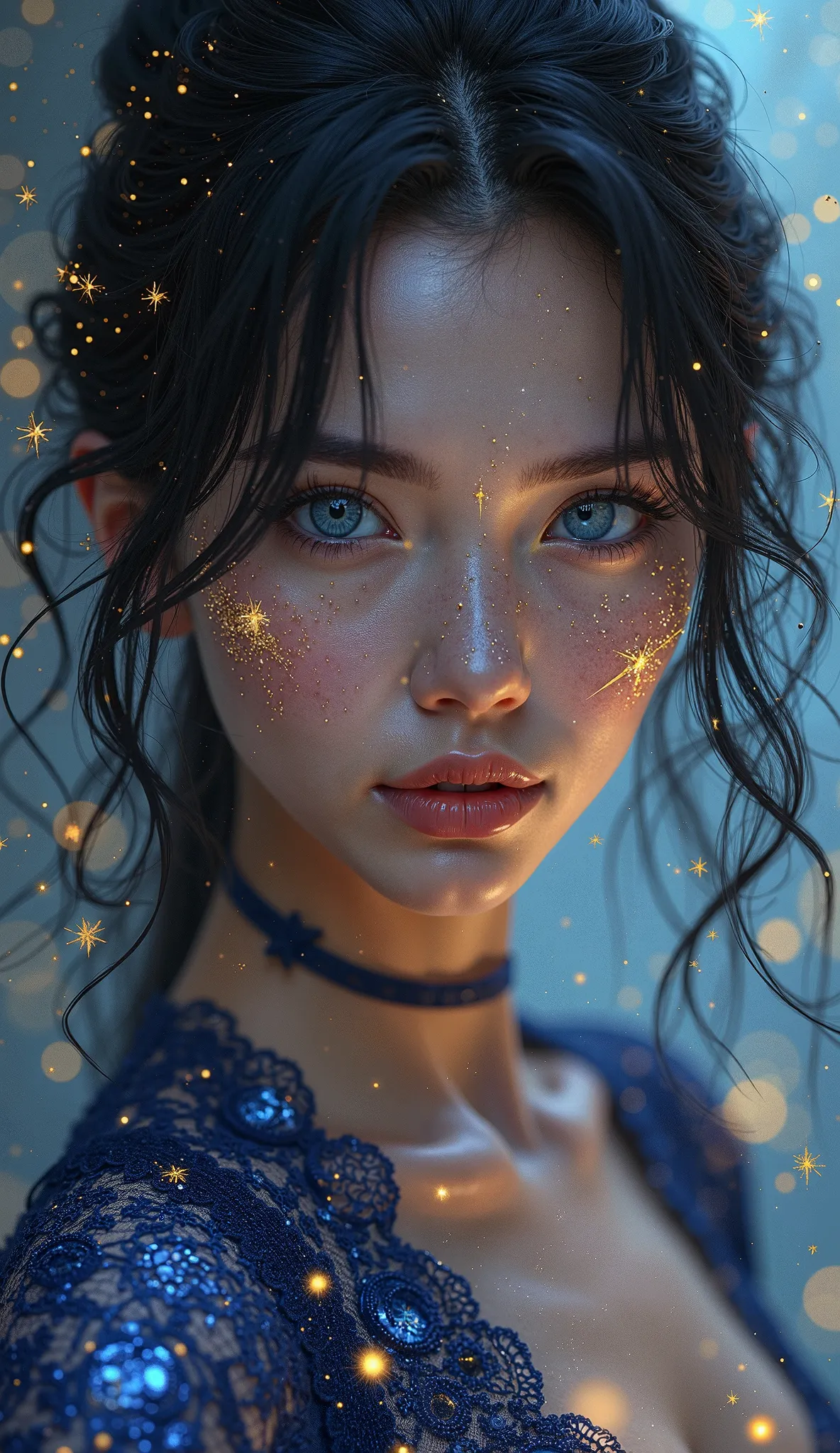 “A beautiful young woman with black hair and glowing cosmic blue eyes, surrounded by a celestial aura. Her face is adorned with golden and blue star-like markings, shimmering like a galaxy. She wears a deep blue lace outfit with glowing cosmic patterns, re...