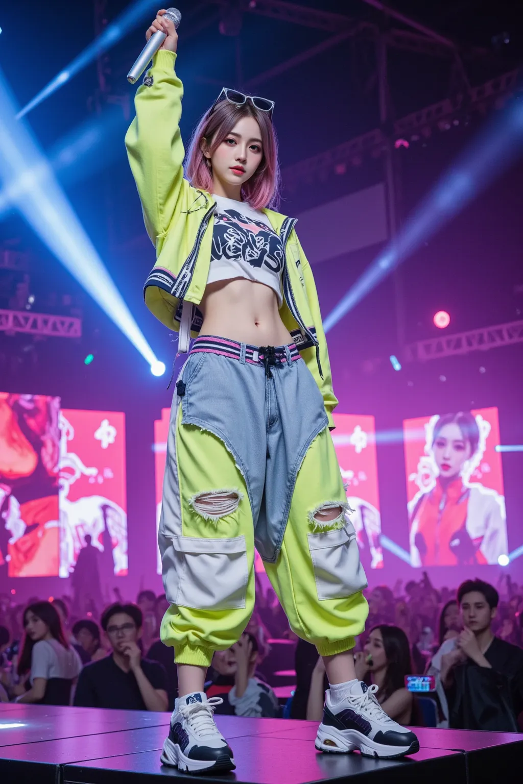 A breathtakingly beautiful young woman commands the massive live stage, surrounded by vibrant neon lights, LED panels, and dynamic spotlights. She exudes the charisma of a top-tier K-pop idol, striking a powerful and expressive dance pose, holding a sleek,...