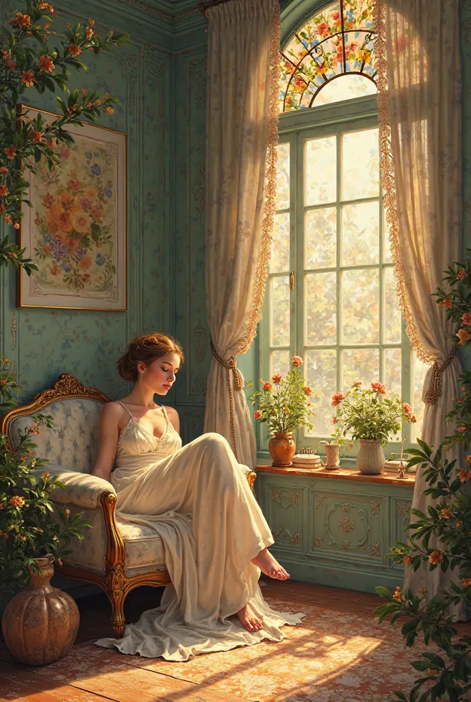 ozy room, relaxed pose, realistic, intricate details, warm colors, by Greg Rutkowski, by Alphonse Mucha