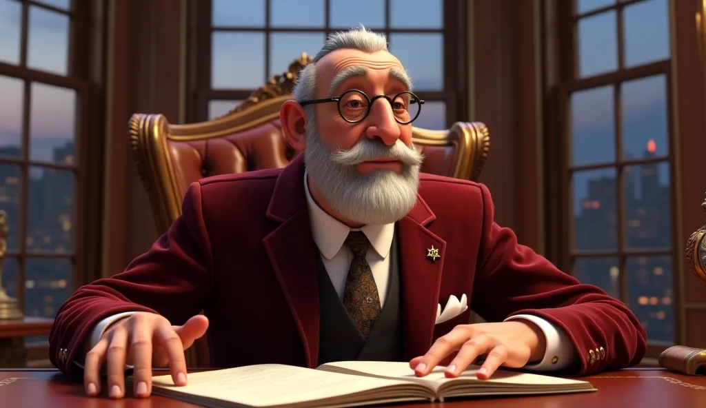 A highly detailed CGI Pixar-style of a distinguished 90-year-old Jewish money expert exuding wealth and wisdom, seated regally behind an elegant mahogany desk. His face is rendered in pixar style , showcasing deep, character-defining lines, kind and wise e...