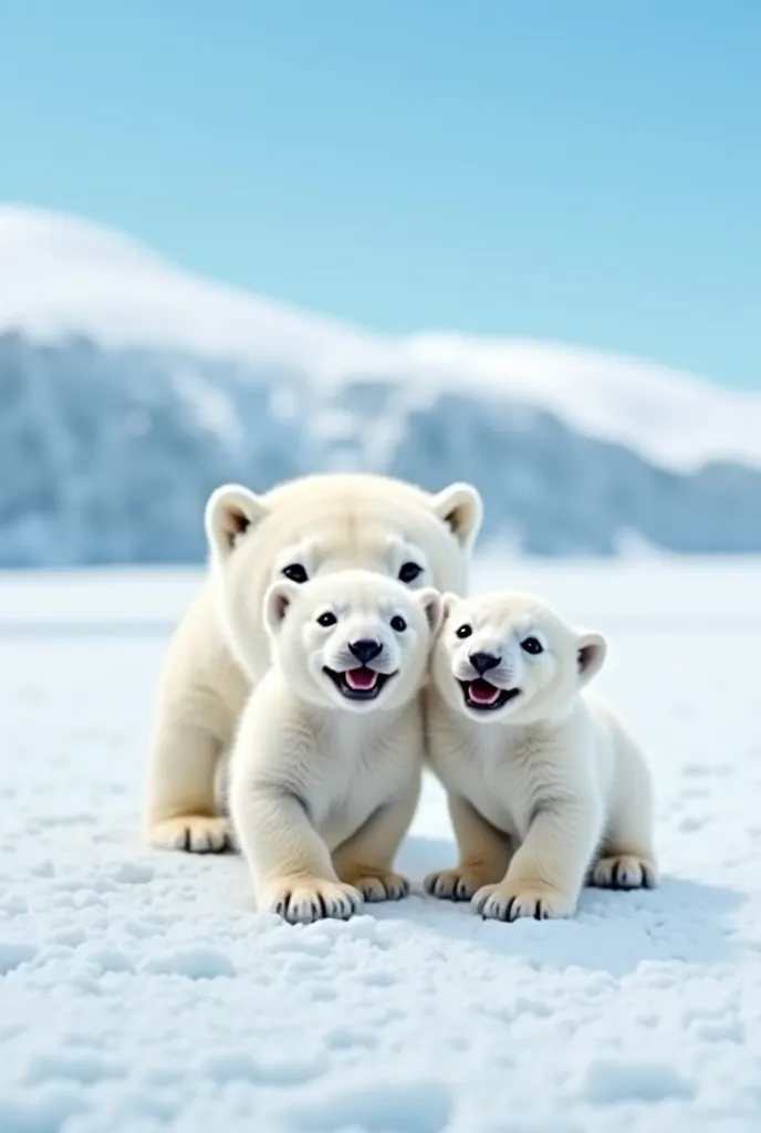 A cute baby polar lion cub playing joyfully on the icy landscape near its large mother, with a clear blue sky and snow-covered hills in the background. The cub has soft, white fur and an innocent playful expression, while the mother stands protectively nea...