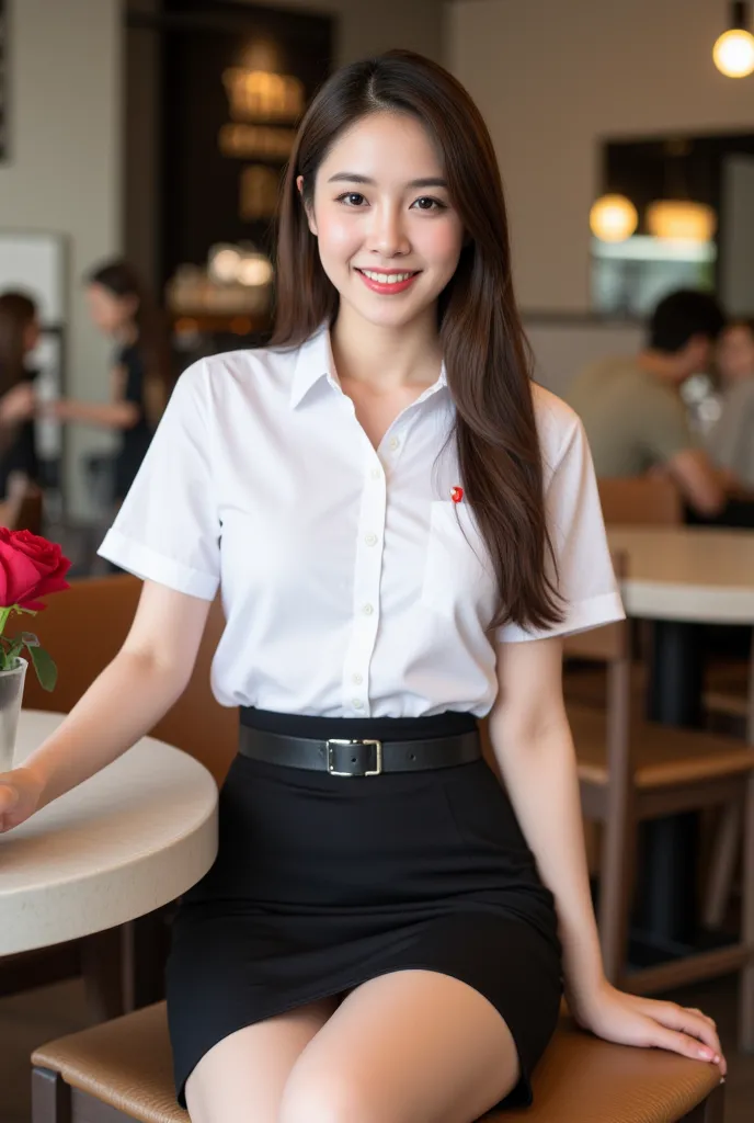 Medium shot Thai woman 20 years old , happy smiles , long brown hair, sit on a shair at coffee shop , holding a red rose, wearing university student, She wear a white, short-sleeved, button-up student shirt and a short, tight, black student skirt, Wear a b...