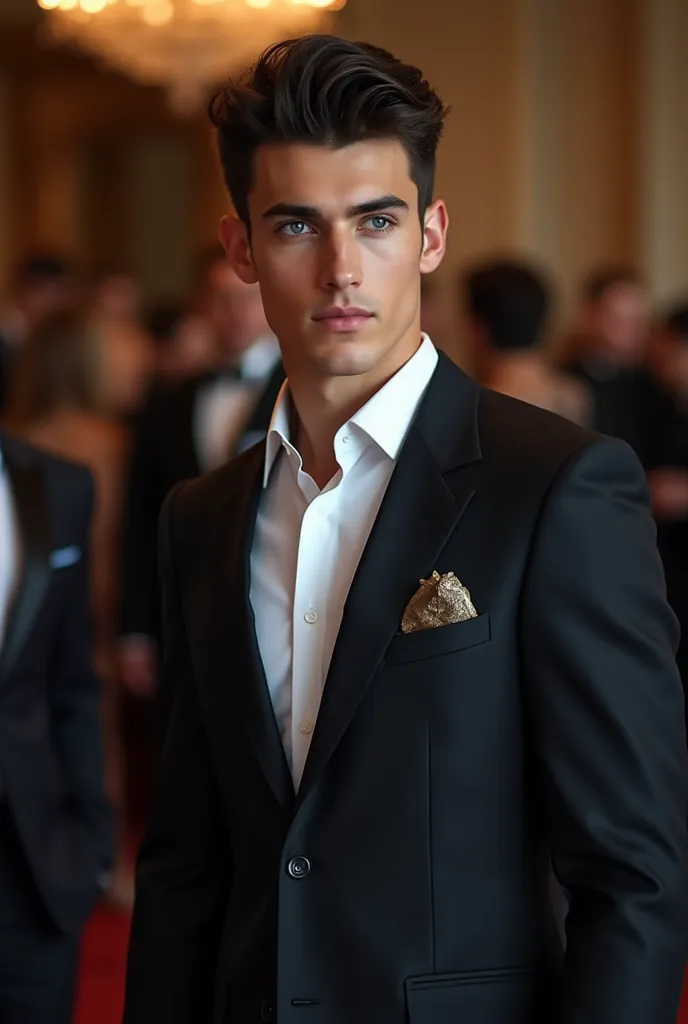 
is a tall young man with prominent muscles and an athletic body, his hair is very soft and black, looks shiny and healthy.  wearing  "suit" Elegant (يمكنك تحديد لون الsuit إذا أردت، مثل أسود أو أزرق أو رمادي)His eyes are blue and his skin is white . . His...