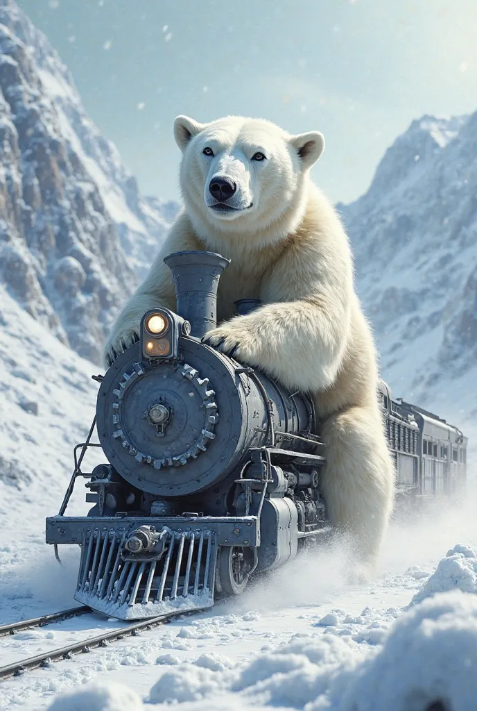 Un ours polaires controle un train qui fait du ski.