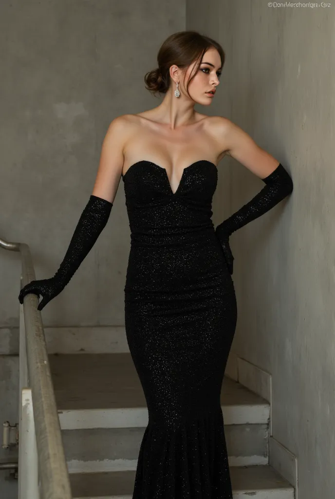 A photo of this woman standing up on a concrete emergency stairs, the walls are also made of concrete, the woman is posing sensually, her facial expressions are sexy, she is wearing a black long sparkly sleeveless strapless dress with a deep neckline, long...