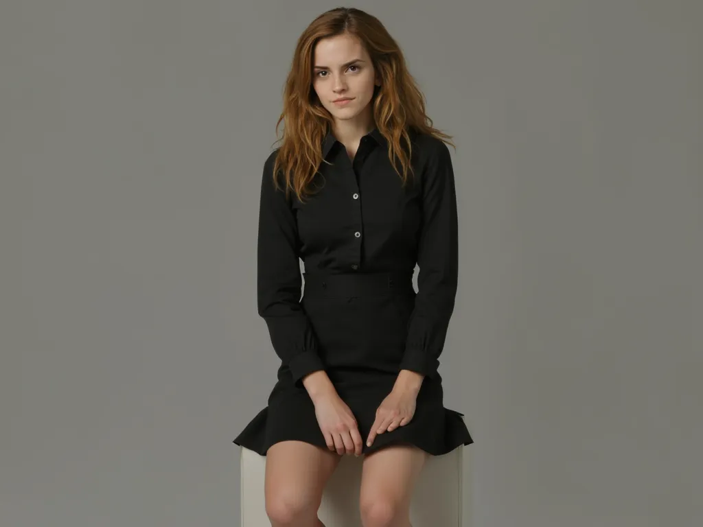 head to toe picture of hermione granger.black short maid costume.no tight.easy pose sukhasana.looking to the camera.