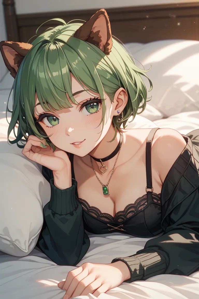 on the bed、is being pushed down、best quality、brown shemo ears、pretty girl、 green hair、Sister、short hair、Desperate 、Kamigami、Dog motifs、Green Eyes、