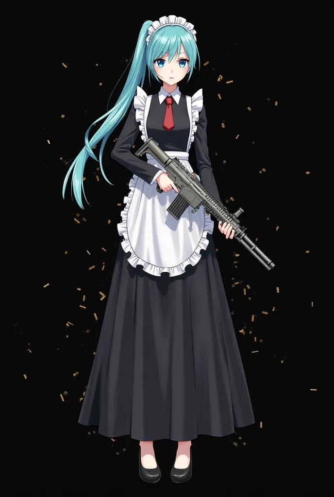 , maid, long dress, black dress, maid headdress, maid apron, ponytail, blue eyes,  long hair, Hatsune Miku, black high heels, minigun, holding minigun both hand, serious, bullet, bullets, bullets flying behind the character, black background,cottoncandy,fa...