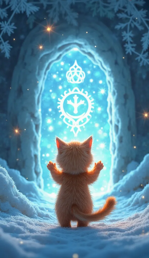 The cute fluffy orange baby cat stands in the middle of the frozen world, facing a mysterious glowing ice door in front of it. The cat’s big, curious eyes reflect the shimmering light of the door, which is covered in ancient frost symbols. Its tiny paws ar...