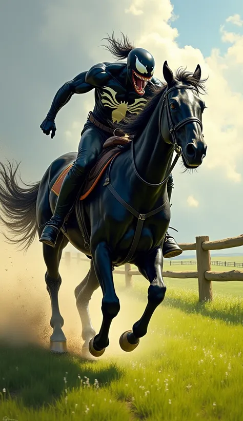 A vivid painting of a character riding a black horse, racing hard across an open field. The character, wearing the Venom costume, with black skin and a monstrous mouth open, is riding at great speed, while the horse is also racing at high speed. The wind i...