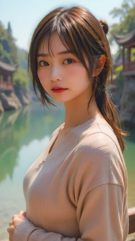 Realistic Anime Style。1 Girl， accurate depiction ， Brown hair ，Traditional Light Shan Garment Accessories，Rendered with Unreal Engine，Semen
Realistic，Background is Shanxi Chongqing Temple， Tang Dynasty poolside environment ，8k resolution。 Digital scene on ...