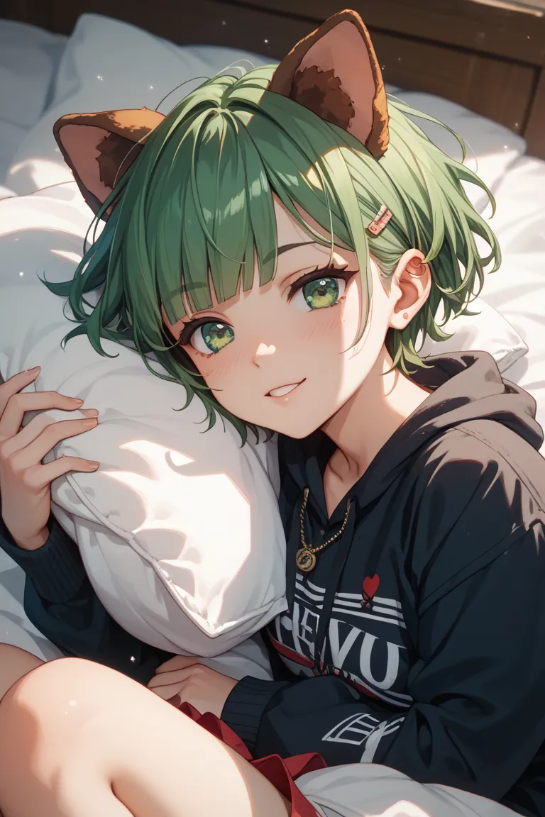 on the bed、is being pushed down、best quality、brown shemo ears、pretty girl、 green hair、Sister、short hair、Desperate 、Kamigami、Dog motifs、Green Eyes、 lori、