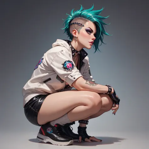 punk　girls　squatting　 get down on one knee 　Challenging　Side view　Keep your eyes on the front