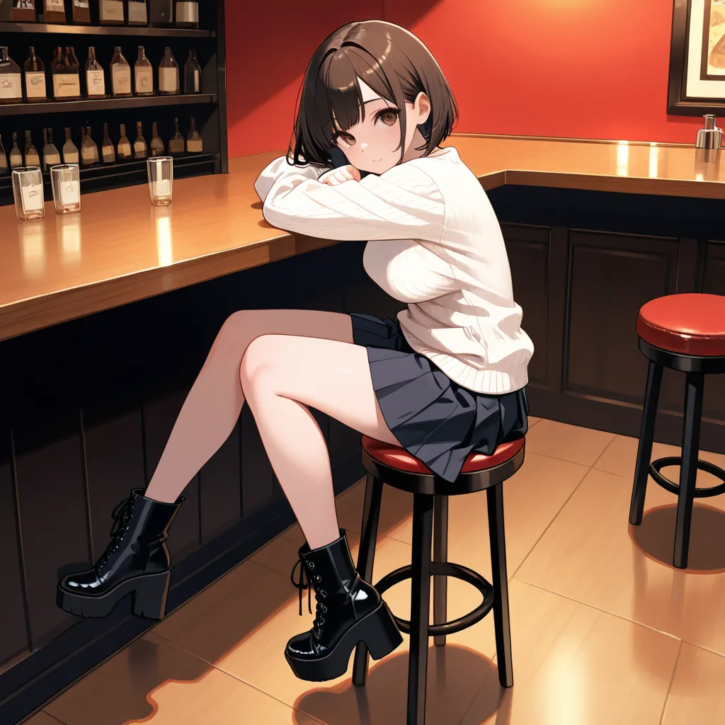 solo, female, 157cm height, adult girl, black bob cut hair, silky hair, sharp brown eyes, mysterious glow, fair skin, white sweater, black pleated skirt, ankle-length platform boots, slim figure, curvy, graceful, alluring, looking up at the viewer, side vi...