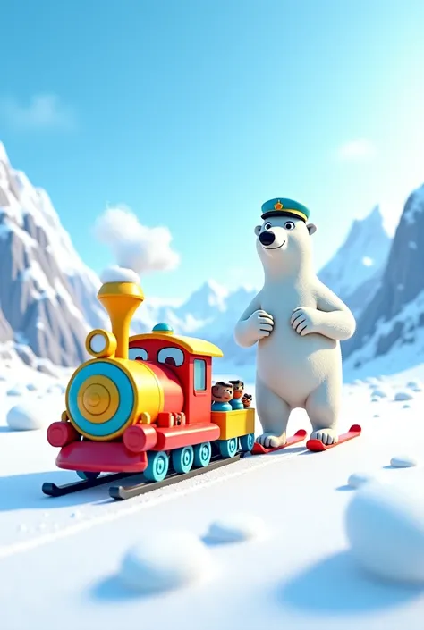 Un cartoon.Un ours polaires controle un train qui fait du ski.