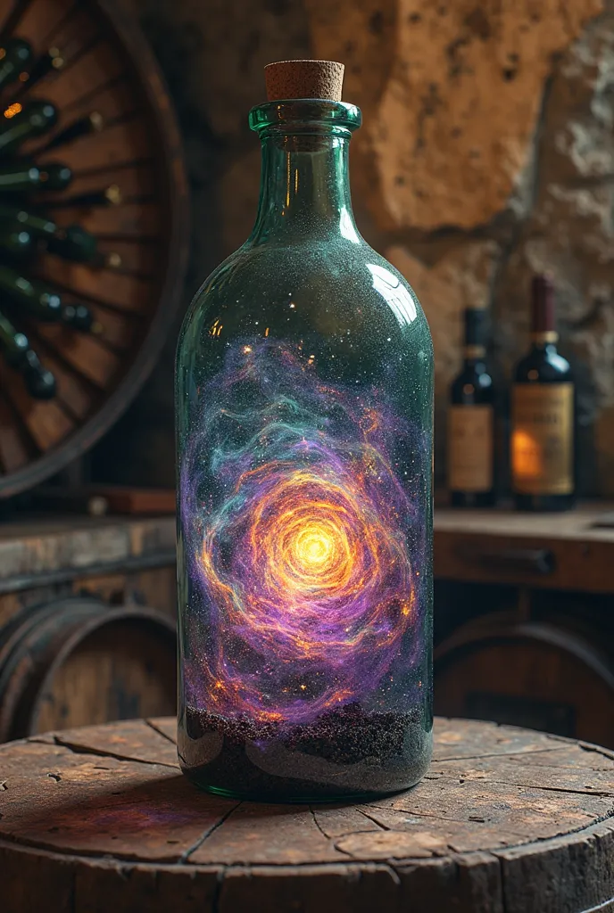 Representation of an electromagnetic galaxy purple black yellow green   ,in a glass bottle ,Decor an old wine cellar 