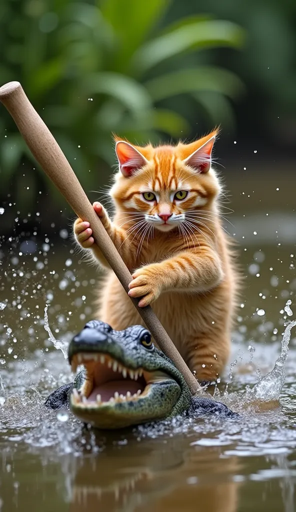 "An orange cat with fluffy fur and a determined look holds a baseball bat with both front legs and hits a crocodile repeatedly on the bank of a river. The movement of the bat is so fast that you can see fuzzy trails around it.  The crocodile , with its mou...