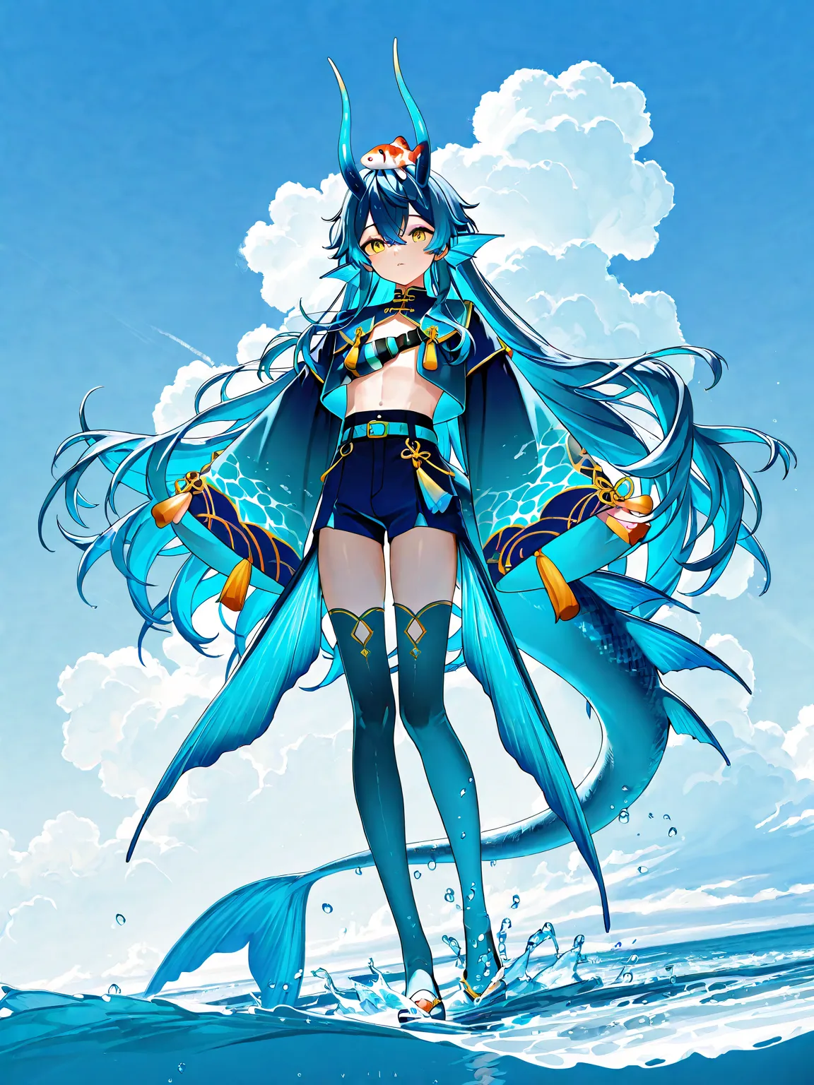 vtuber model, vtuber
1 man, vtuber, vtuber model, design, full body,
lots of clothes, blue shades, water theme, sea theme, sky and clouds theme, shells on the head, short jacket, belt on the chest, very big sleeves, wide sleeves, very long hair, hair like ...