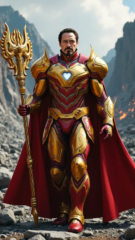Robert Downey Jr. reimagined as a majestic human-Aries hybrid walking and holding a golden war hammer, dramatic atmosphere, 1 male、
short, dark brown hair, sharp brown eyes, and well-defined facial features. Small, curved ram-like horns protrude from his...