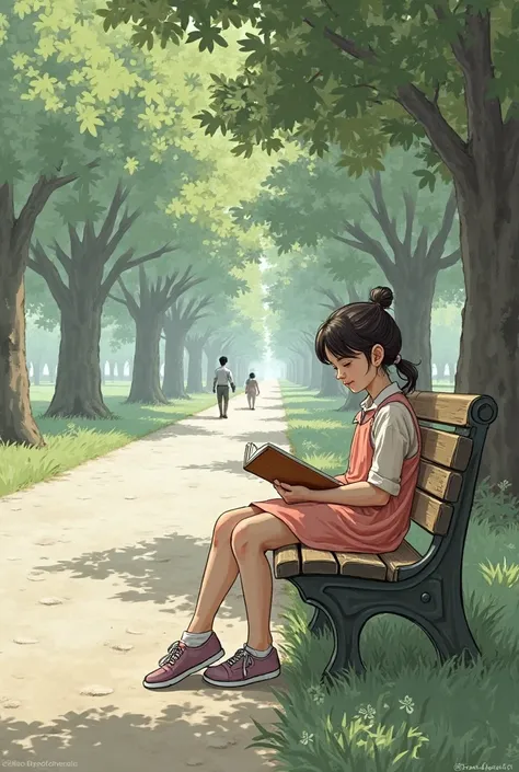 in the park bench a girl holding a book and a boy sitting down sketch