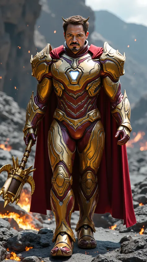 Robert Downey Jr. reimagined as a majestic human-Aries hybrid walking and holding a golden war hammer, dramatic atmosphere, 1 male、
short, dark brown hair, sharp brown eyes, and well-defined facial features. Small, curved ram-like horns protrude from his...