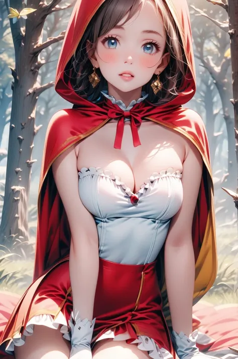 A beautiful girl in a red cape walking in a forest, anime girl, 1 girl, (20 years old girl), (aged up), forest, wolf, (wolf in background), dynamic angle, bright eyes, (realistic eyes: 1.2), (beautiful eyes: 1.2), glossy lips, parted lips, earrings, (detai...