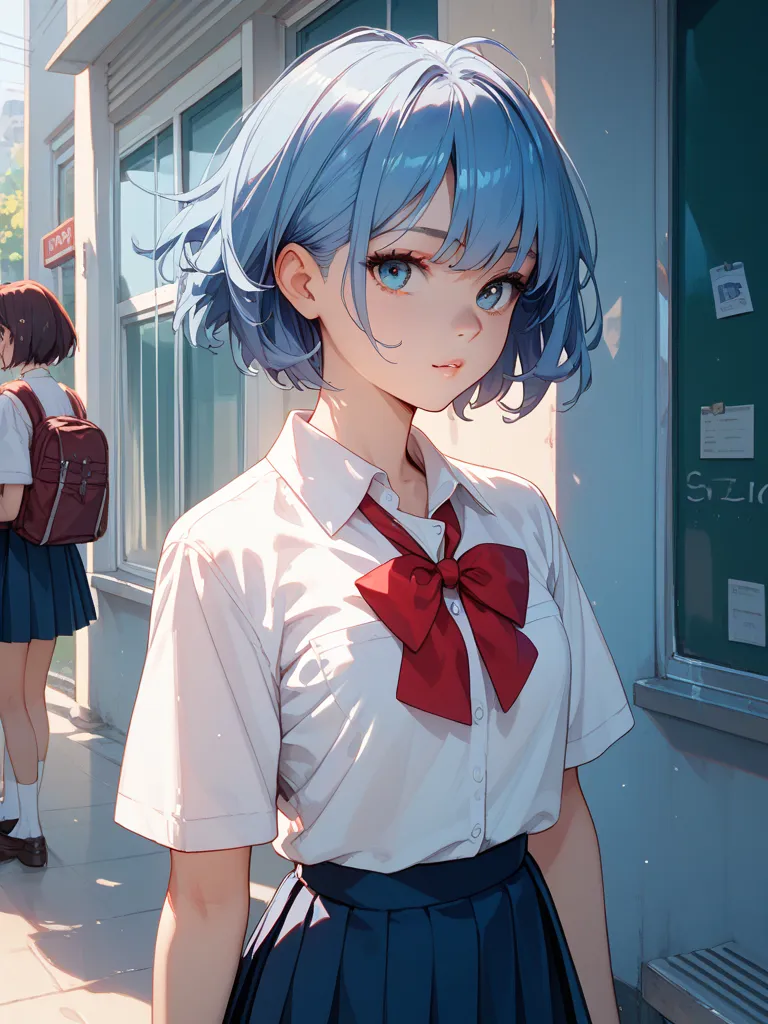 1 girl, finely detalled face,
(blue short hair), red ribbon,
school uniform, white shirt,
(standing)
