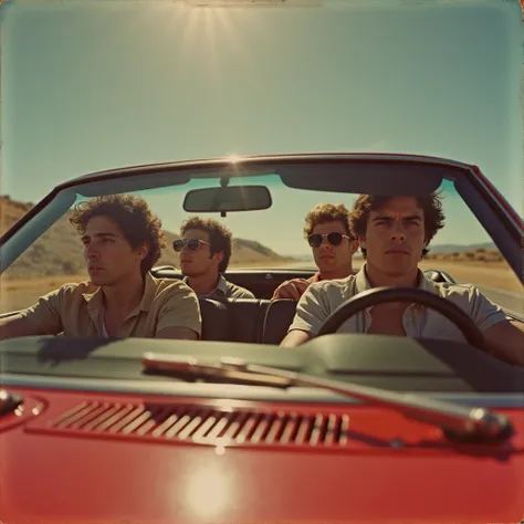 lateral image of four serious young guys driving a red car without roof, high speed, winding hair, blurry and dark image, close-up on one guys' face, album cover, light rays in between, photo from the 80s, polaroid, 