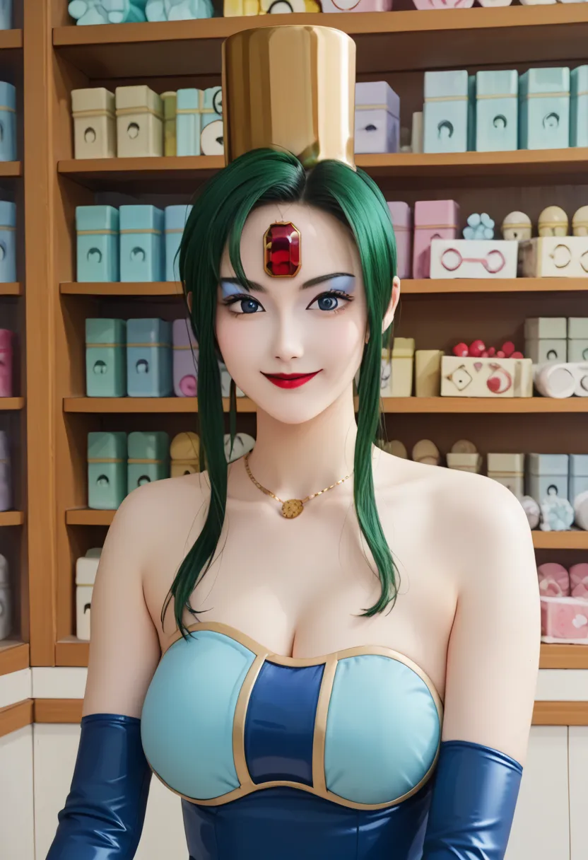 score_9,score_8_up  ,score_7_up  ,very beautiful lady,    Masterpiece,    Hi-Res,   raw photo, , realistic photo ,anime style,1 girl, , slim ,heavy makeup ,   green hair,  white skin , Red gem on forehead, ,  red lipstick,   eyeshadow , very huge breasts, ...