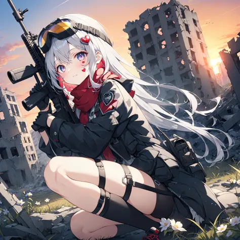 hide in a ruined city、(sniper scene )、((helmet with goggles))、((Military Equipment))、 masterpiece, top quality,  integrated landscape, integrated background, Very Delicate and Beautiful, details, Good composition, , cute face, Perfect Face, perfect hand, t...