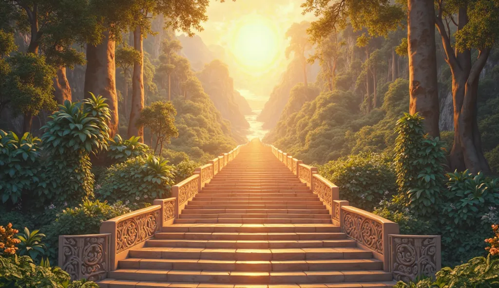 A grand staircase in a celestial setting, bathed in golden light, with each step leading upward to reveal expansive views of lush gardens and radiant landscapes.