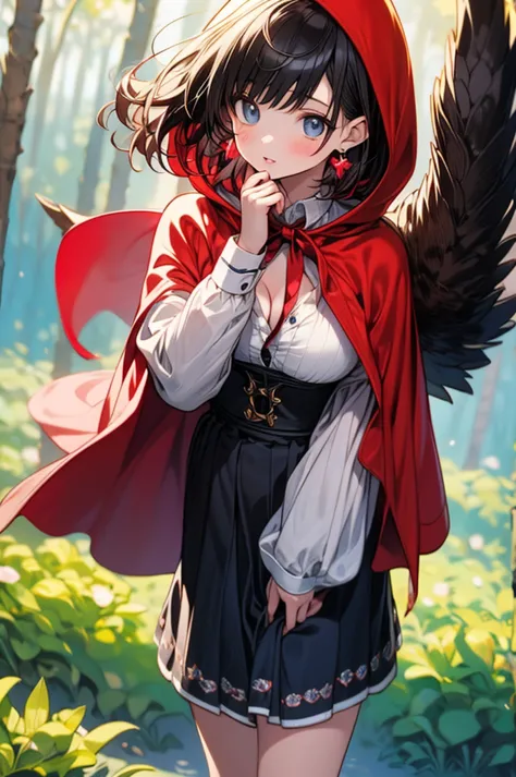 A beautiful girl in a red cape walking in a forest, anime girl, 1 girl, (20 years old girl), (aged up), forest, wolf, (wolf in background), dynamic angle, bright eyes, (realistic eyes: 1.2), (beautiful eyes: 1.2), glossy lips, parted lips, earrings, (detai...