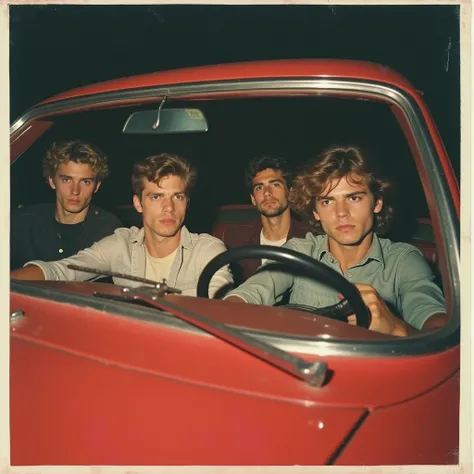 lateral image of four serious young guys driving a red car without roof, high speed, winding hair, blurry and dark image, close-up on one guys' face, album cover, light rays in between, photo from the 80s, polaroid, 