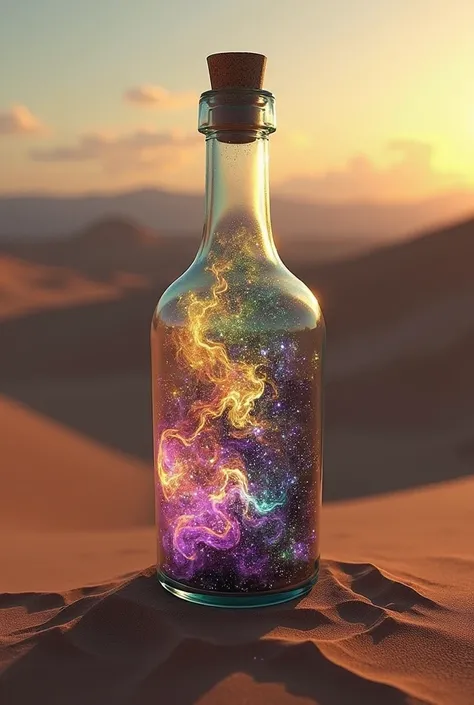 Representation of an electromagnetic galaxy purple black yellow green   ,in a glass bottle ,Decor a desert in the evening 