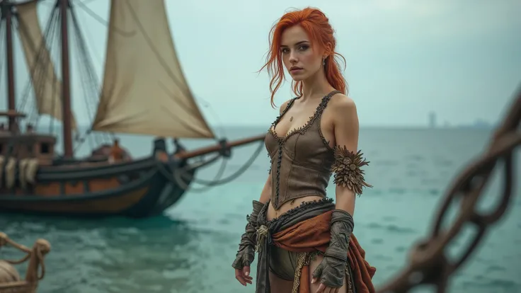 High quality, high definition photo of a very beautiful slender young sexy woman with red hair and a pirate costume standing in front of a boat, as a medieval fantasy character, karol bak uhd, still from a fantasy movie, pirate woman, fantasy style 16 k oc...