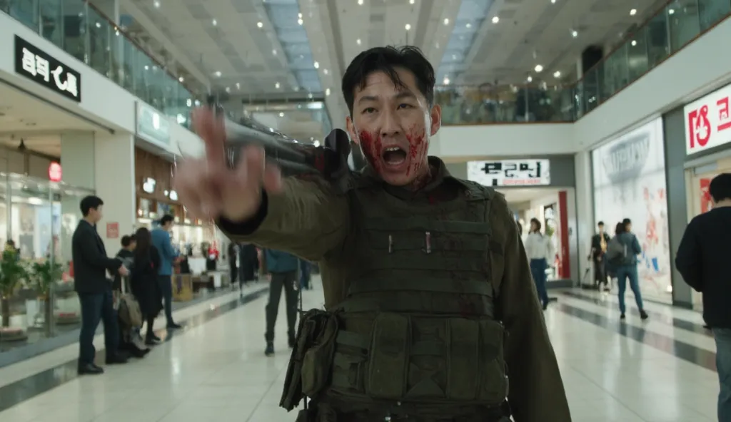 a Korean military man carrying a gun, and as if pointing his gun forward, his face and military clothes have blood stains, he looks angry his mouth is open and seems to be shouting forward as if staring at someone in front of him, wearing a bulletproof ves...